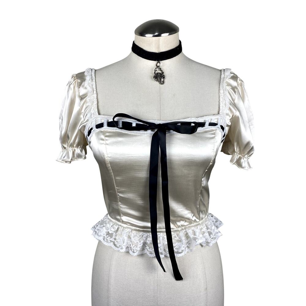 Pretty Damage Satin Lacy Coquette Cottage Milkmaid Puff Sleeve Cropped Blouse S